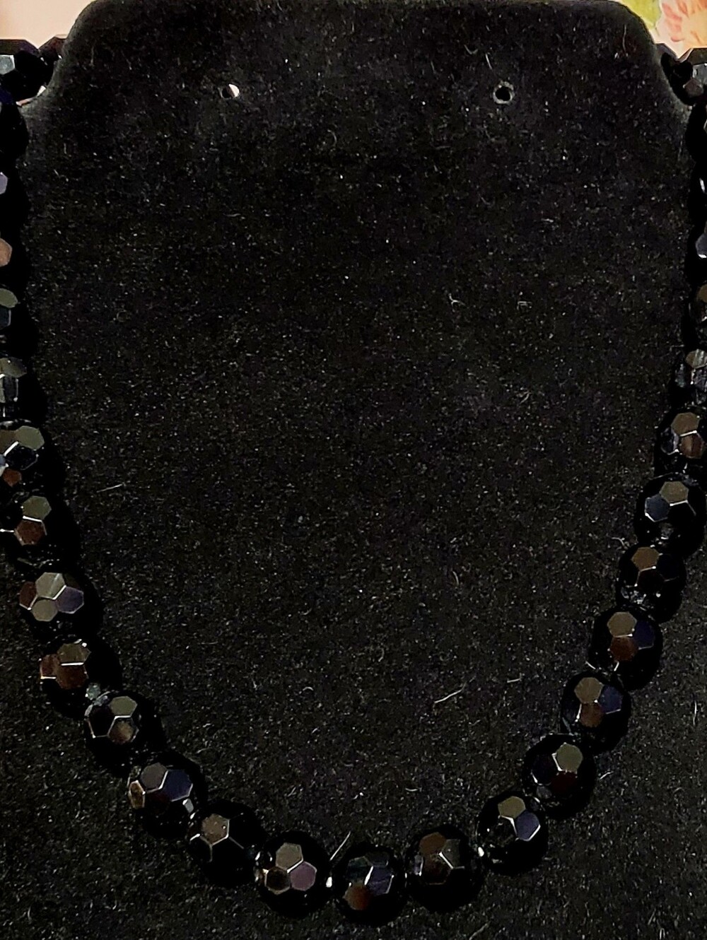 16" Vintage Black Faceted Glass Bead Slip-On Necklace Continuous Strand